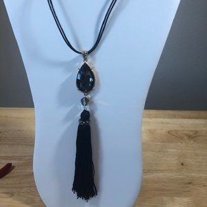 Black Leather Tassel Black Crystal Necklace